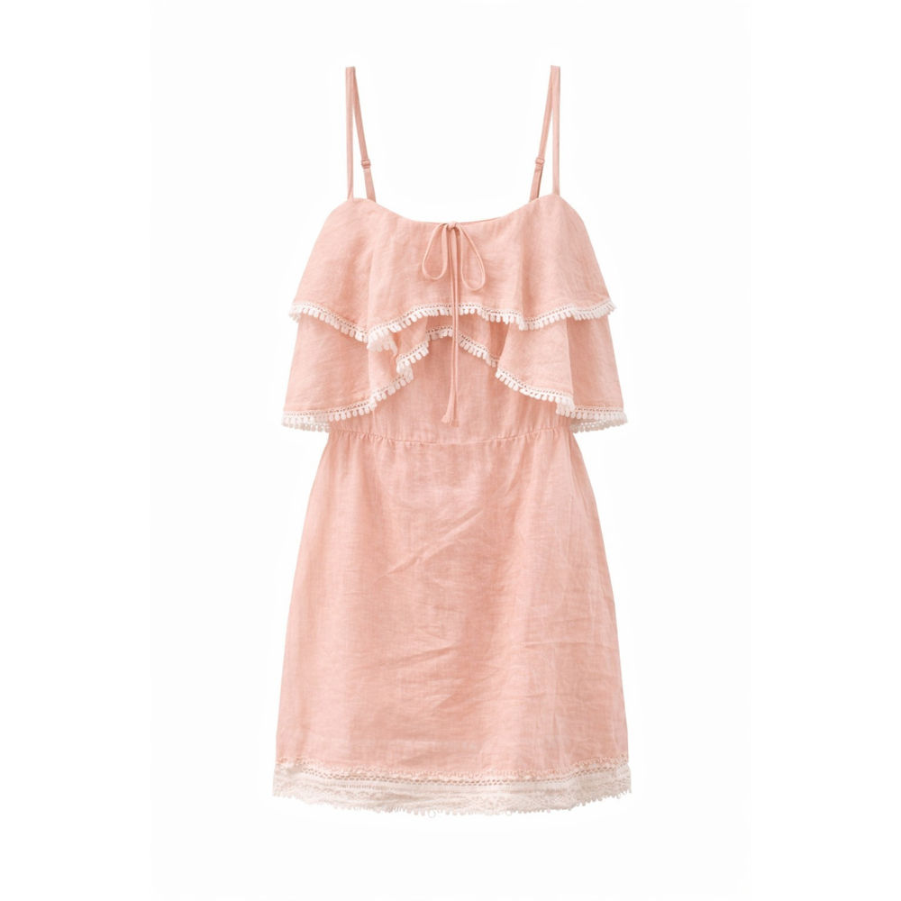 Suboo Baby Pink Linen Ruffle Mini Dress Lace Trim Open Tie Back Size 4 NWT